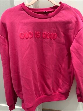 SHEIN Hot Pink "God Is Good" Embroidered Sweatshirt